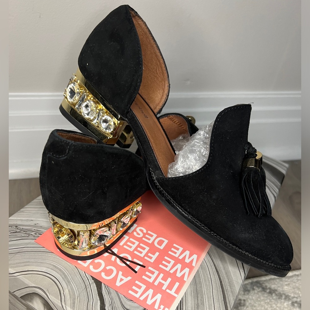 Jeffrey Campbell Civil Black Suede Gold Jewel Embellished Tassel Loafer